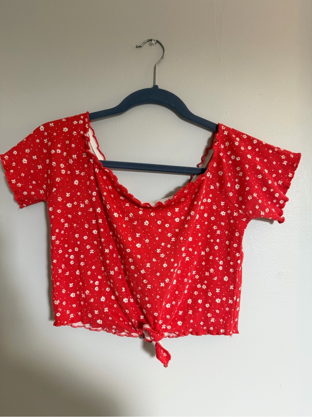 Red Floral Off the Shoulder Tie-Front Crop Top